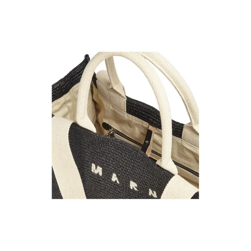 MARNI Logo Embroidered Raffia Top Handle Tote Bag-4