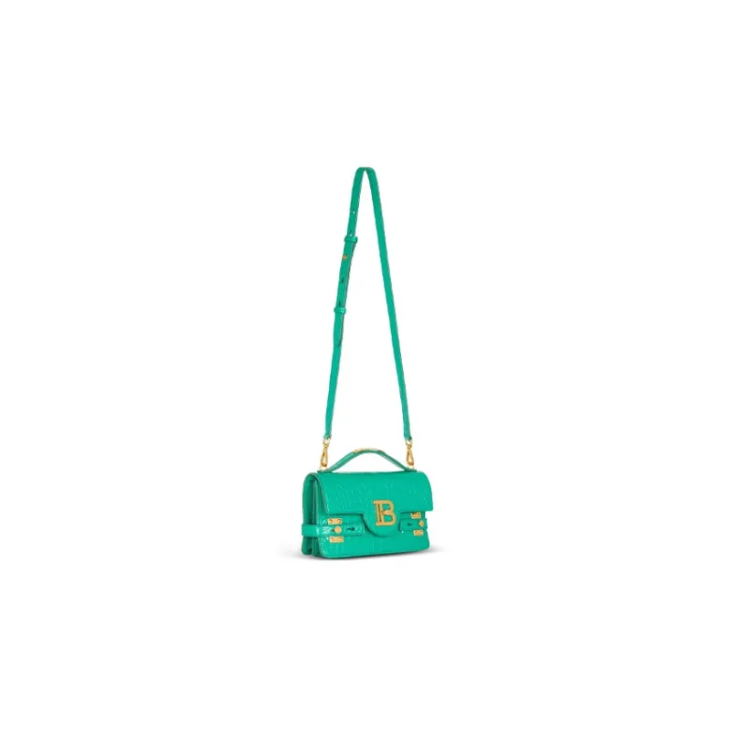 BALMAIN B BUZZ Crocodile Pattern Embossed Calfskin Handbag, Shoulder Bag, Crossbody Bag Regular Women's Green-1