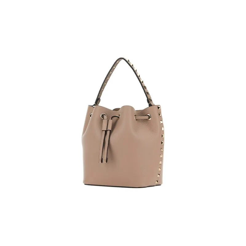 Valentino Rockstud Calfskin Bucket Bag Shoulder Bags Handbags Small Size Women's Brown-1