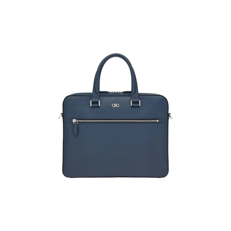 FERRAGAMO GANCINI Hammered Calfskin Business Briefcase, Handbag Regular Men's Midnight Blue/Black-0