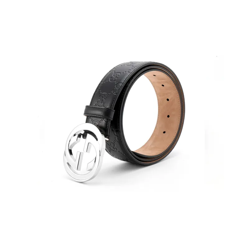 GUCCI Suede Lining Double G Signature Cow Leather Belt Men's Black Width 4cm-1