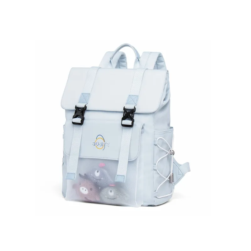 SOSITE Nylon Backpack Medium Size Unisex Candy Blue/Ecru/Coconut Gray-3