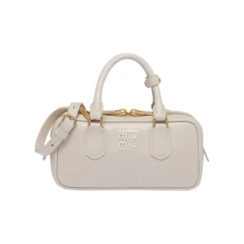 MIU MIU Arcadie Series Leather Bowling Bag, Shoulder Bag, Crossbody Bag, Handbag Women's Pearl White