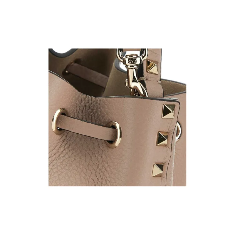 Valentino Rockstud Calfskin Bucket Bag Shoulder Bags Handbags Small Size Women's Brown-3