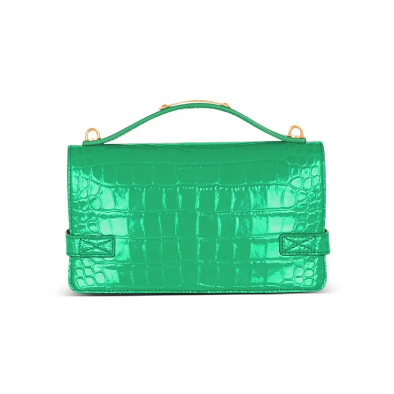 BALMAIN B BUZZ Crocodile Pattern Embossed Calfskin Handbag, Shoulder Bag, Crossbody Bag Regular Women's Green-2