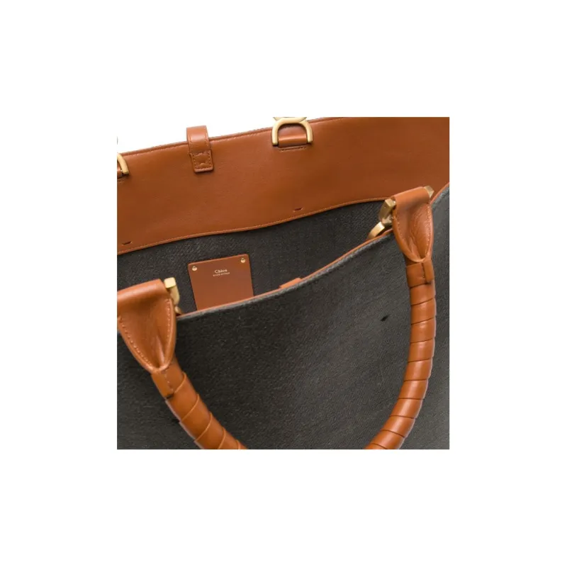 Chloe Marcie Linen Calfskin Tote Bag Shopping Bag Handbag Women's Gray Brown-3