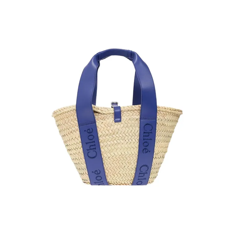 Chloe Raffia With Calfskin Basket Bag, One Shoulder Handbag Medium Size Women's Blue-2