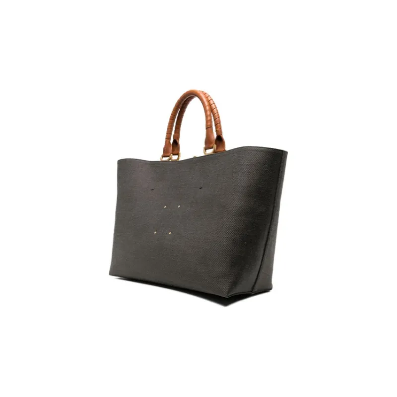 Chloe Marcie Linen Calfskin Tote Bag Shopping Bag Handbag Women's Gray Brown-1