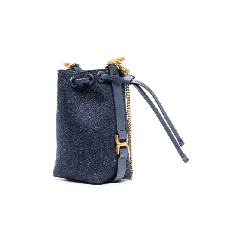 Chloe Cotton With Calfskin Bucket Bag, Shoulder Bag, Crossbody Bag Mini Women's Indigo-1