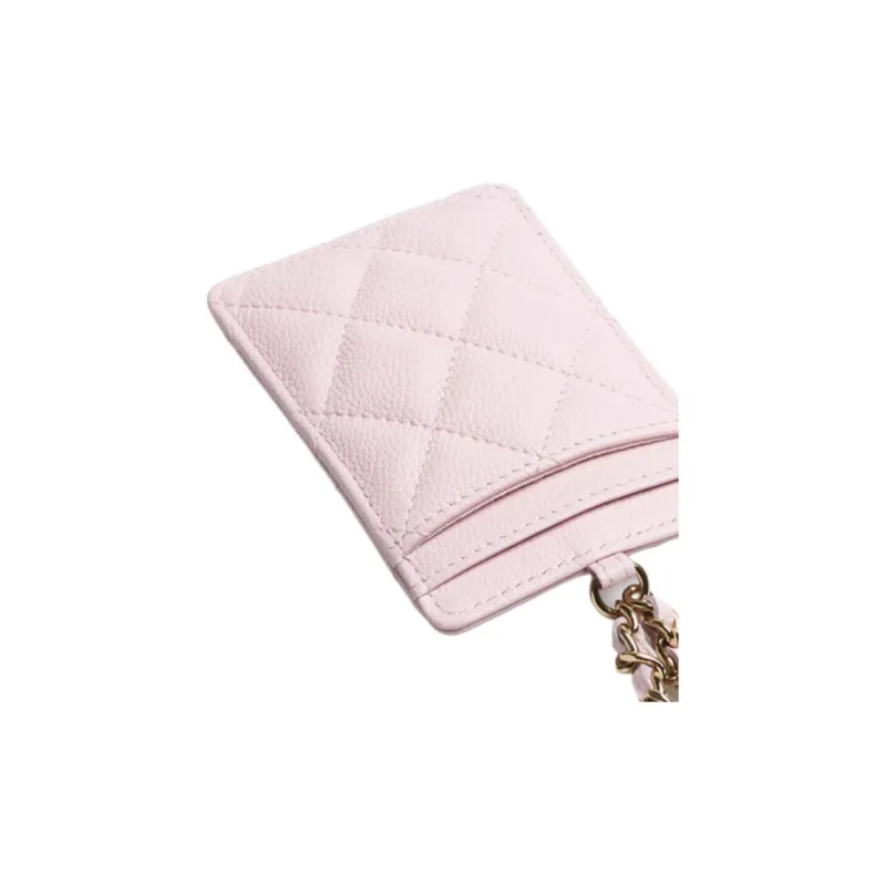CHANEL 22c Early Spring Grain Embossed Calfskin Necklace Pouch Card Holder Women's Pink-3