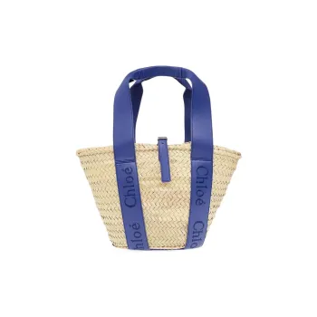 Chloe Raffia With Calfskin Basket Bag, One Shoulder Handbag Medium Size Women's Blue