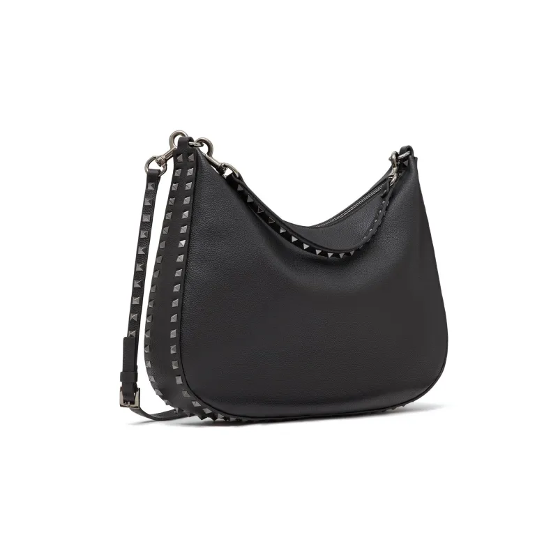 Valentino ROCKSTUD Grain Calfskin Hobo Bag, Crescent Bag, Shoulder Bag, Crossbody Bag Women's Black-1