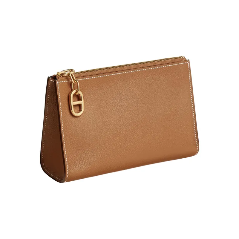 HERMES Zipengo Evercolor Calfskin Makeup Bag Trumpets Unisex 37 Gold Brown-1