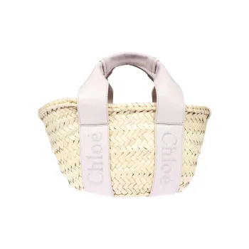 Chloe Raffia With Smooth Calfskin Basket Bag, Shoulder Bag, Crossbody Bag, Handbag Small Size Women's Gray Pink
