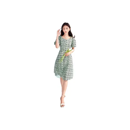 XIANGYING Short-Sleeved Dresses Women's Apple Green