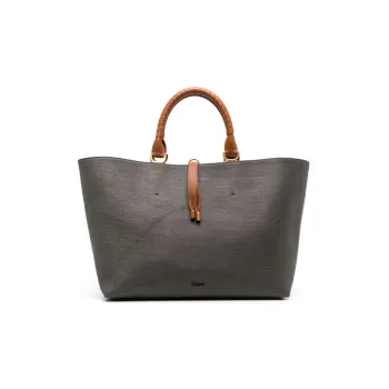 Chloe Marcie Linen Calfskin Tote Bag Shopping Bag Handbag Women's Gray Brown