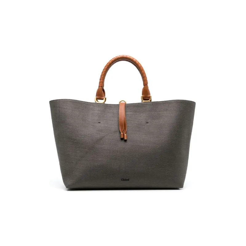 Chloe Marcie Linen Calfskin Tote Bag Shopping Bag Handbag Women's Gray Brown-0