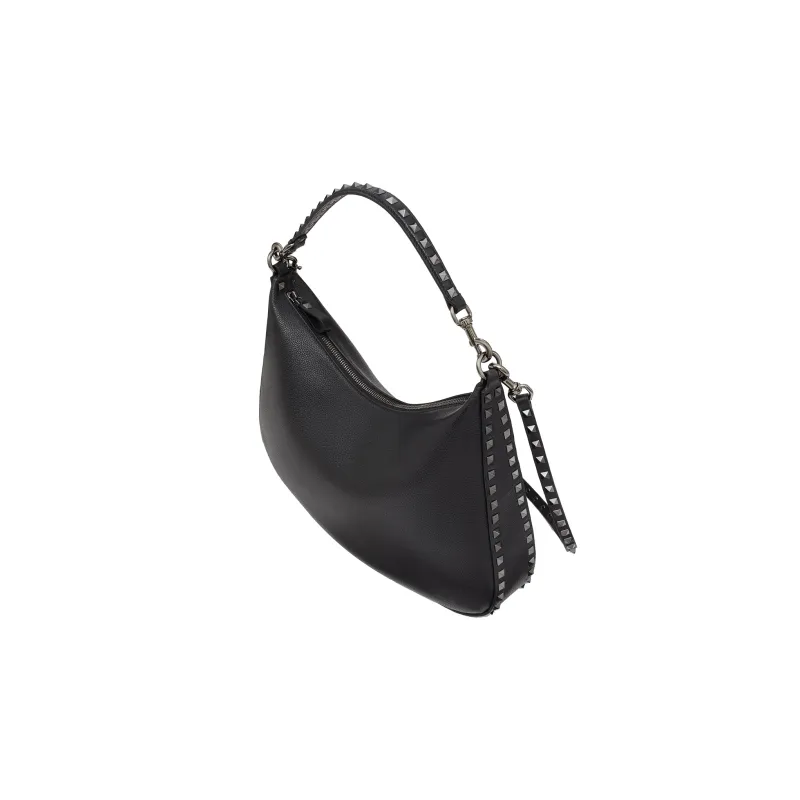 Valentino ROCKSTUD Grain Calfskin Hobo Bag, Crescent Bag, Shoulder Bag, Crossbody Bag Women's Black-4