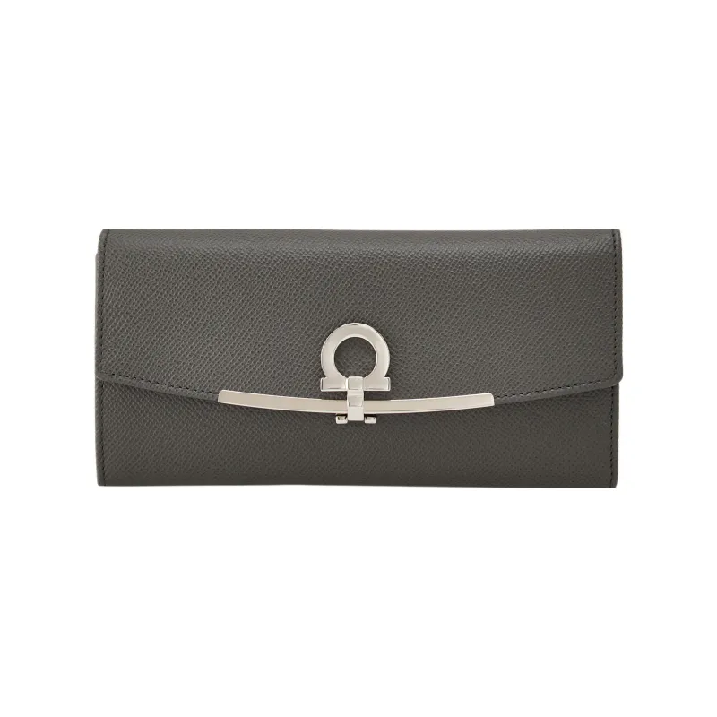 FERRAGAMO GANCINI Cow Leather Wallet Women's Dark Gray-0