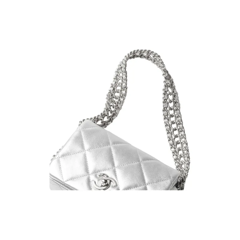 CHANEL Lambskin Flap Bag Shoulder Bag Mini Women's Silver-3