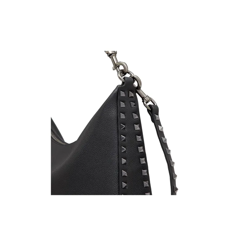 Valentino ROCKSTUD Grain Calfskin Hobo Bag, Crescent Bag, Shoulder Bag, Crossbody Bag Women's Black-6