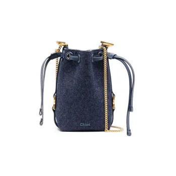 Chloe Cotton With Calfskin Bucket Bag, Shoulder Bag, Crossbody Bag Mini Women's Indigo