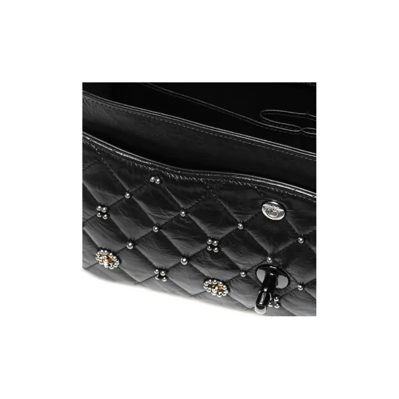 CHANEL Classic Flap CF Shiny Pattern Calfskin With Crystal Crossbody Bag Women's Black-3