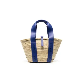 Chloe Raffia With Calfskin Tote Bag Shopping Bag Shoulder Bag Handbag Medium Size Women's Natural & Blue