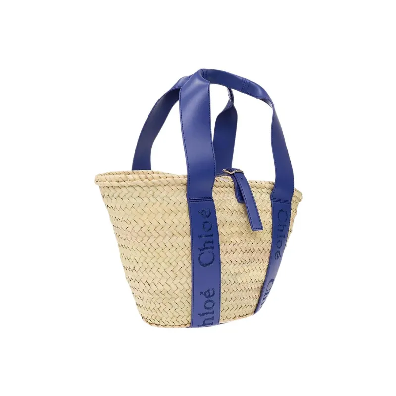 Chloe Raffia With Calfskin Basket Bag, One Shoulder Handbag Medium Size Women's Blue-1