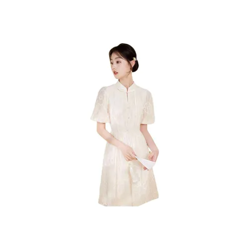 XIANGYING Short-Sleeved Dresses Women's Beige