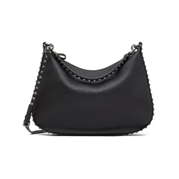 Valentino ROCKSTUD Grain Calfskin Hobo Bag, Crescent Bag, Shoulder Bag, Crossbody Bag Women's Black