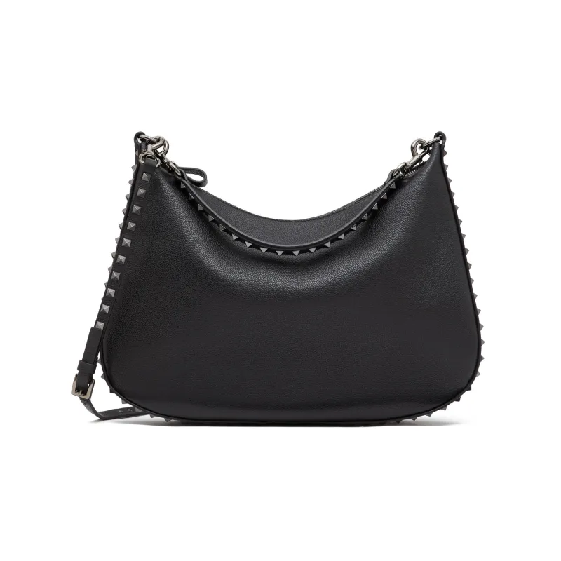 Valentino ROCKSTUD Grain Calfskin Hobo Bag, Crescent Bag, Shoulder Bag, Crossbody Bag Women's Black-0