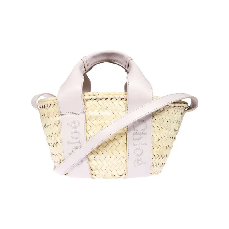 Chloe Raffia With Smooth Calfskin Basket Bag, Shoulder Bag, Crossbody Bag, Handbag Trumpets Women's Gray Pink-1