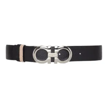 FERRAGAMO Double Sided Adjustable Smooth Buckle Leather Belts Unisex Black Width 3.3cm