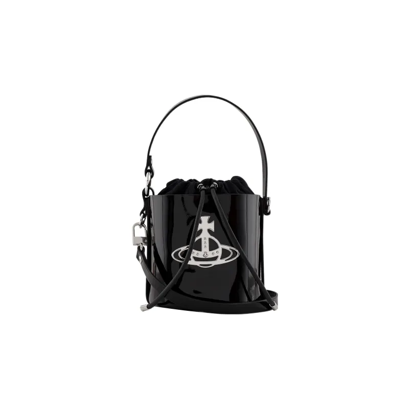 Vivienne Westwood DAISY Cow Leather Bucket Bag, Shoulder Bag, Crossbody Bag, Handbag Small Size Women's Black-0