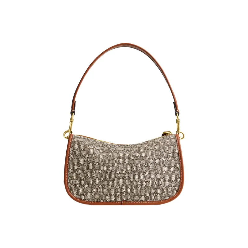 COACH Swinger Jacquard With Leather Saddle Bag Handbag, Shoulder Bag Women's Brown & Gray-2