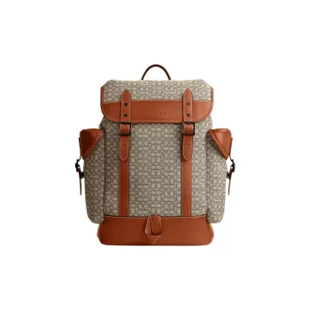COACH Hitch Jacquard With Genuine Calfskin Backpack Large Size Men's Gray & Brown
