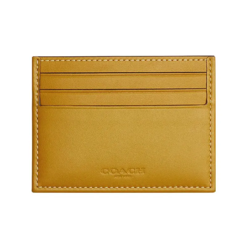 COACH Card Case Jacquard With Genuine Calfskin Coin Purse Wallets Card Holders Men's Yellow-0