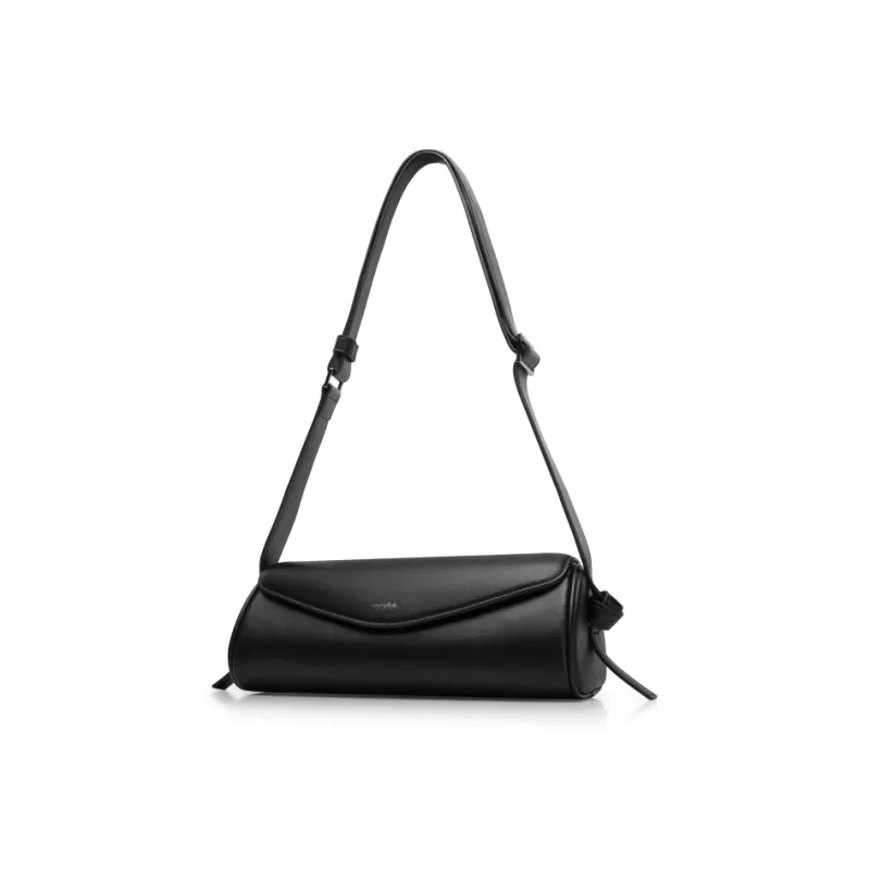 INJOYLIFE Cow Leather Cylinder Bag Shoulder Bag Crossbody Bag Small Size Women's Black-1
