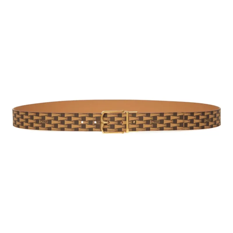 BALLY Triangle Flag Print Pin Buckle Leather Belts Men's Brown 3.5cm-0