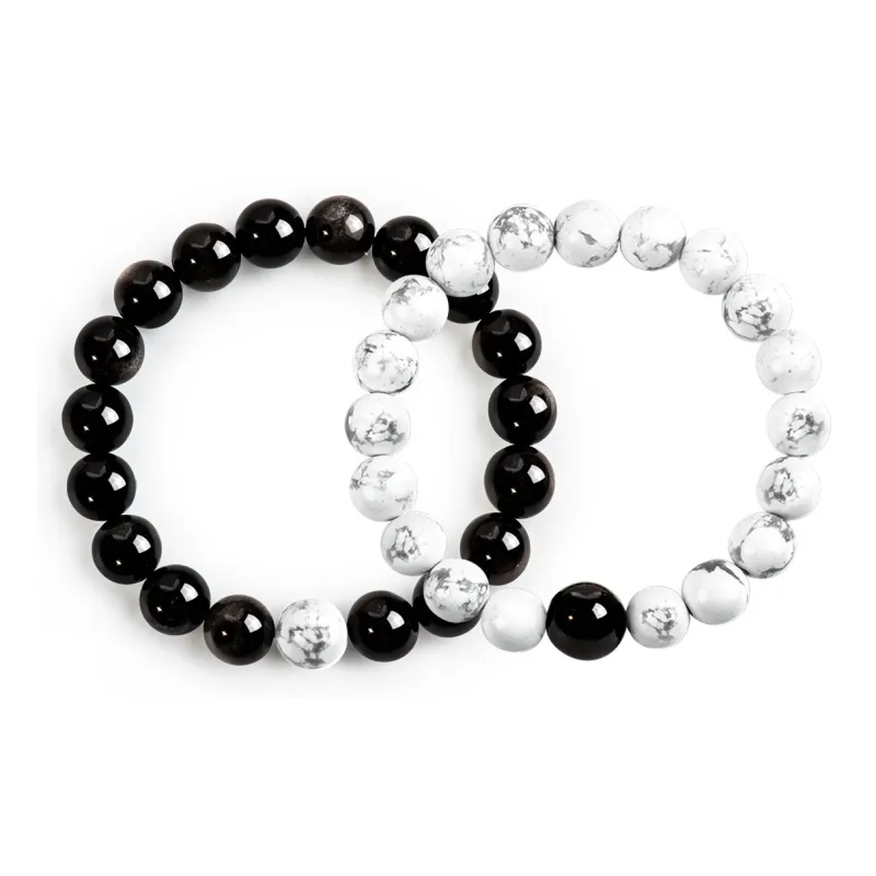 SIMPLE JOYS Silver Sheen Obsidian White Turquoise Couple Beaded Bracelet Unisex 1 Pair, Stretch-2