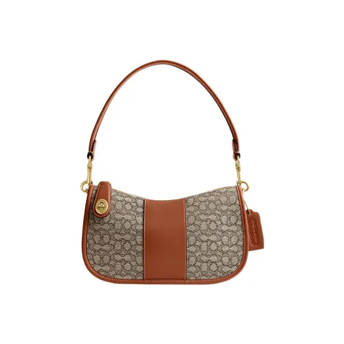 COACH Swinger Jacquard With Leather Saddle Bag Handbag Shoulder Bag Women's Brown & Gray