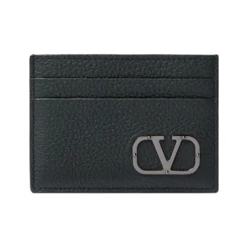 Valentino Vlogo Grain Calfskin Card Holder Men's Black