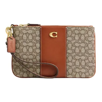 COACH Wristlet Jacquard With Calfskin Clutch Wrist Bag Small Size Women's Gray & Brown