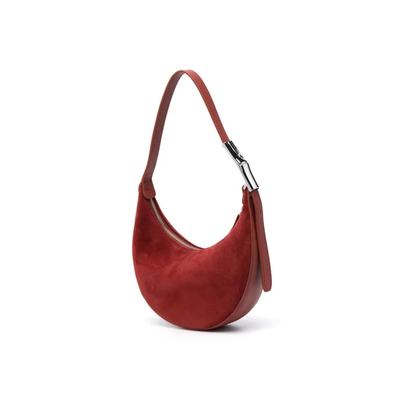 LONGCHAMP Roseau Suede Calfskin Crescent Bag, Handbag, Shoulder Bag Women's Red-1