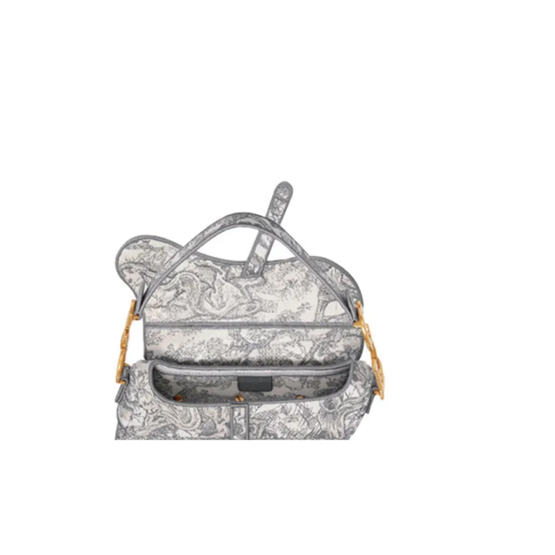 DIOR Saddle Ruiyi Print Embroidery One Shoulder Handbags Medium Size Women's Gray-4