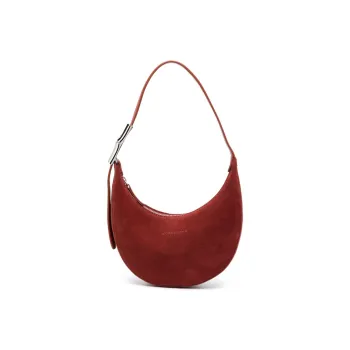 LONGCHAMP Roseau Suede Calfskin Crescent Bag, Handbag, Shoulder Bag Women's Red