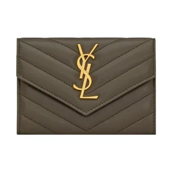 SAINT LAURENT CASSANDRE Sheepskin Card Holder, Wallet Trumpets Women's Army Green