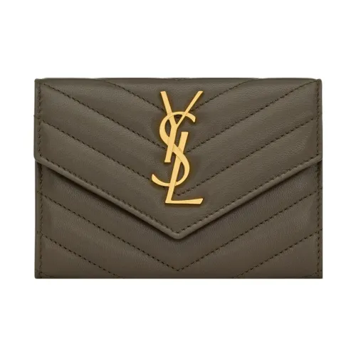 SAINT LAURENT CASSANDRE Sheepskin Card Holder, Wallet Trumpets Women's Army Green
