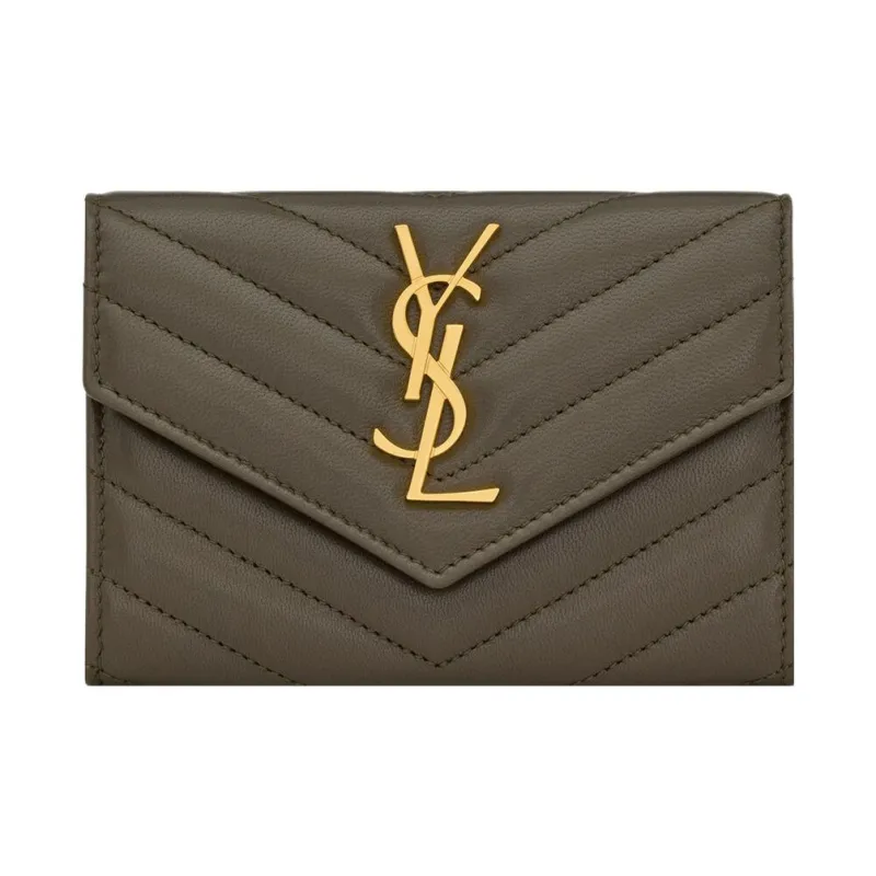 SAINT LAURENT CASSANDRE Sheepskin Card Holder, Wallet Trumpets Women's Army Green-0
